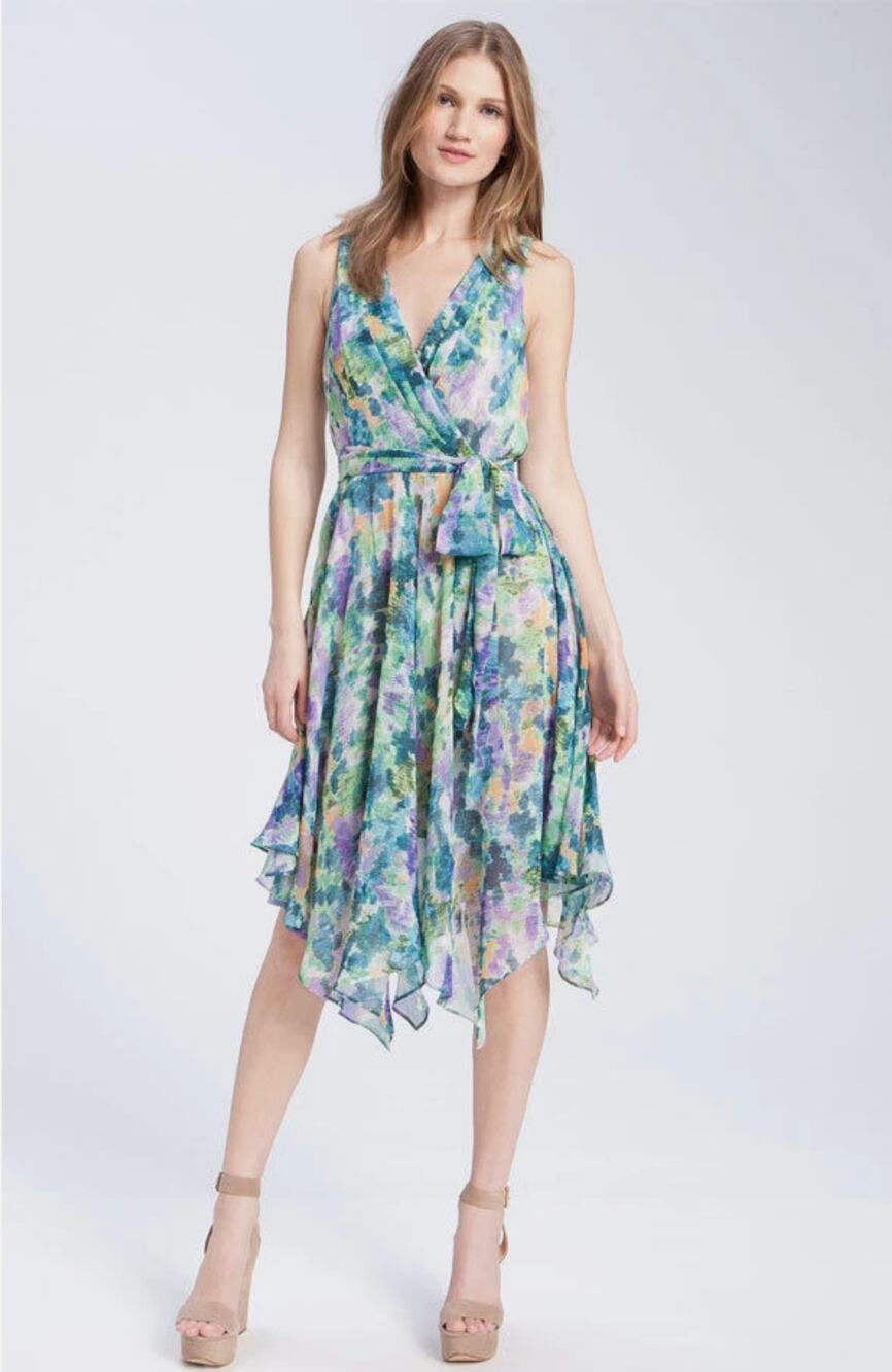 Eliza J Womens 10 Blue Multi Watercolor Sleeveless Handkerchief Midi Dress